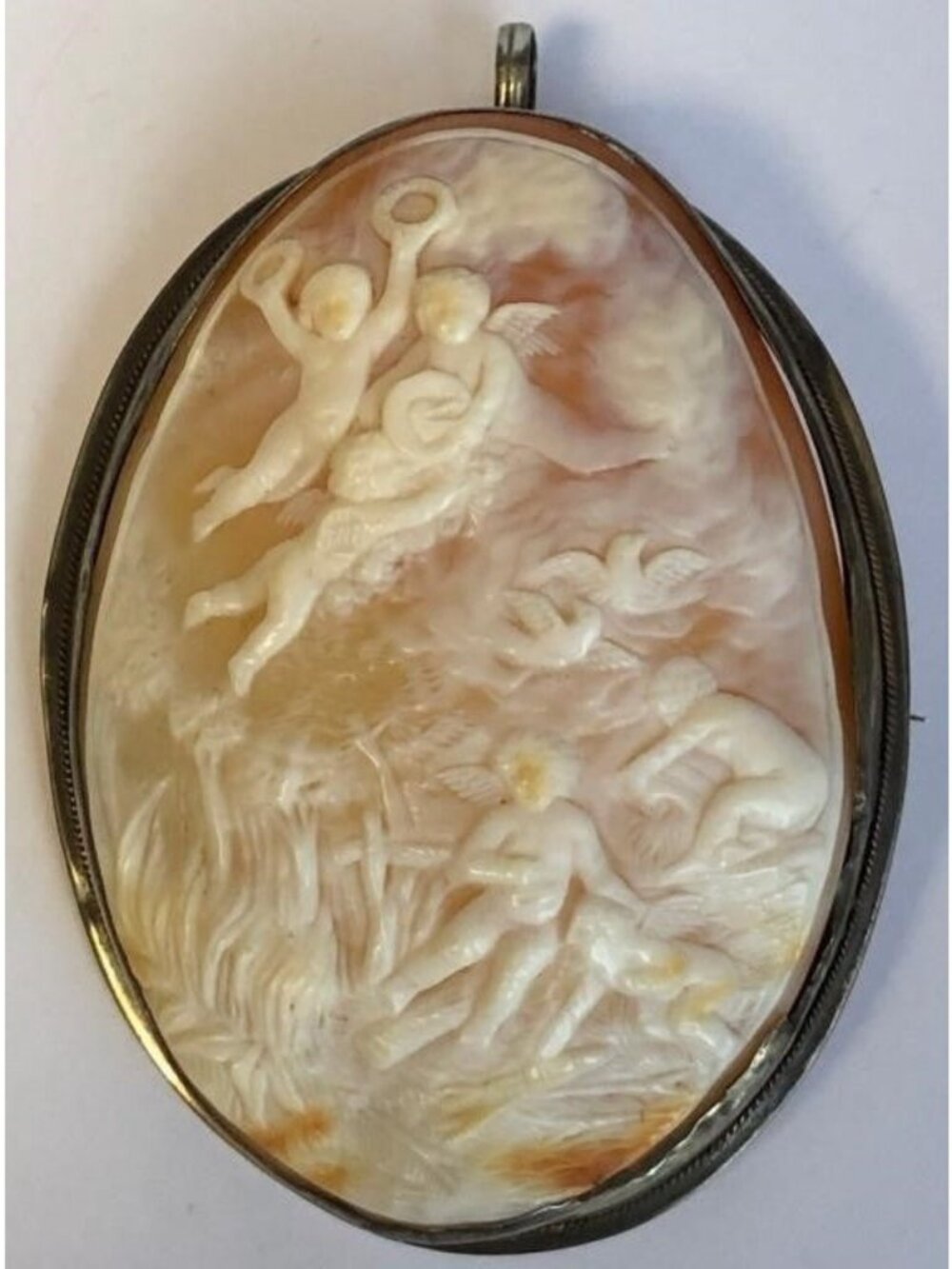 Antique 1850s Carved Shell Cameo Brooch Or Pendant With Cherub Scene 3" x 2"